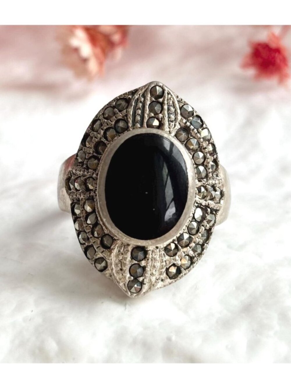 Black Onyx Marcasite Framed Art Deco Sterling Silver 925 Vintage Ring - sz 7.75